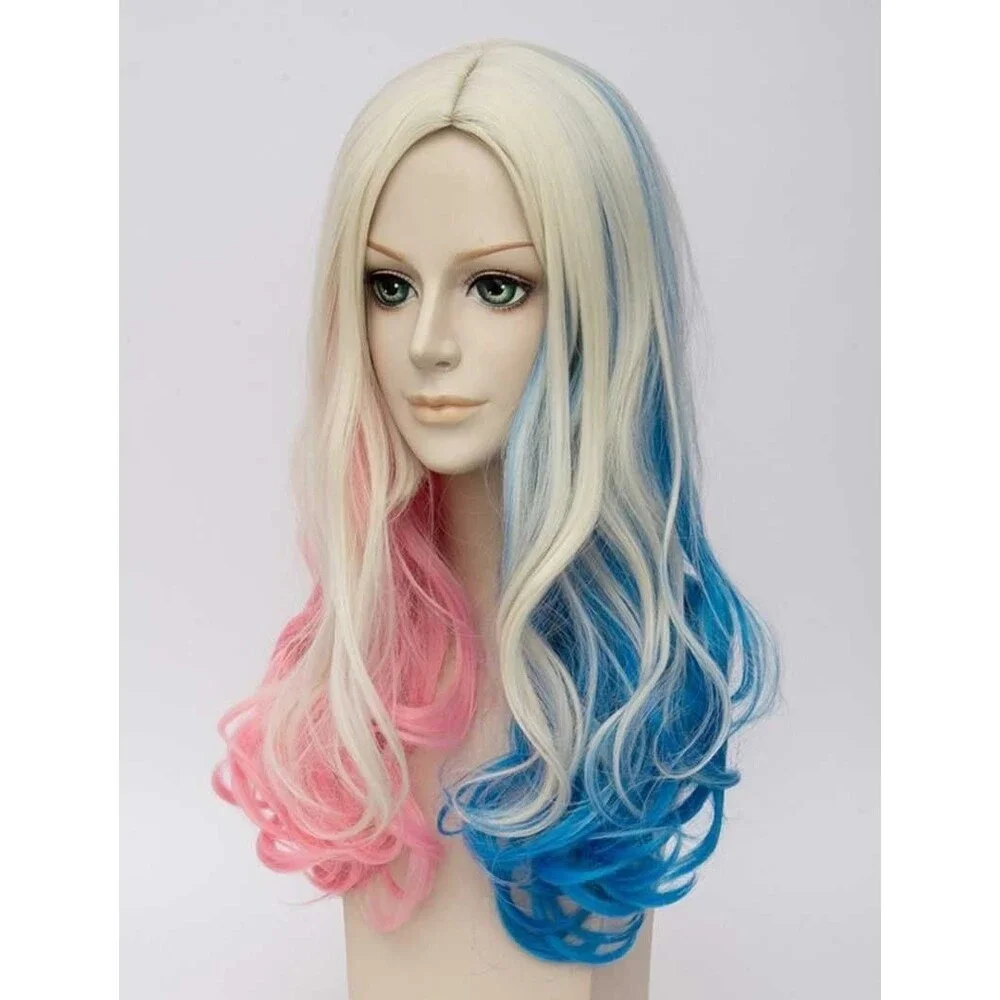 Harley Quinn Cosplay Wig Long Curly Blonde Blue Pink Middle Part Halloween Mix
